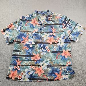 Tommy Bahama Shirt Men's 2XB Blue Green Peach Floral Silk Hawaiian Tropical Luau